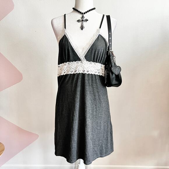 No Brand Dresses & Skirts - Gray Lace Trim Slip Mini‎ Dress, Coquette, Soft Girl, Vintage Inspired, Large